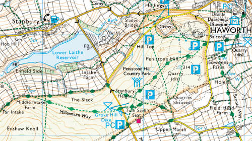 OS Map of routes to the Waterfall and Top Withens